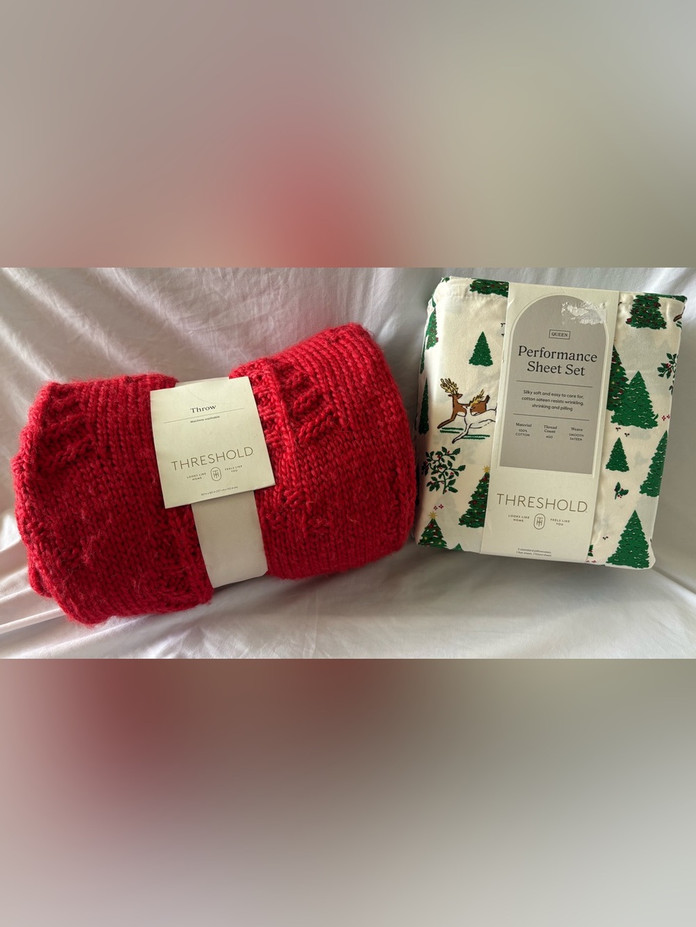 THRESHOLD TARGET HOLIDAY QUEEN PERFORMANCE SHEET SET & RED THROW BLANKET NEW NWT
